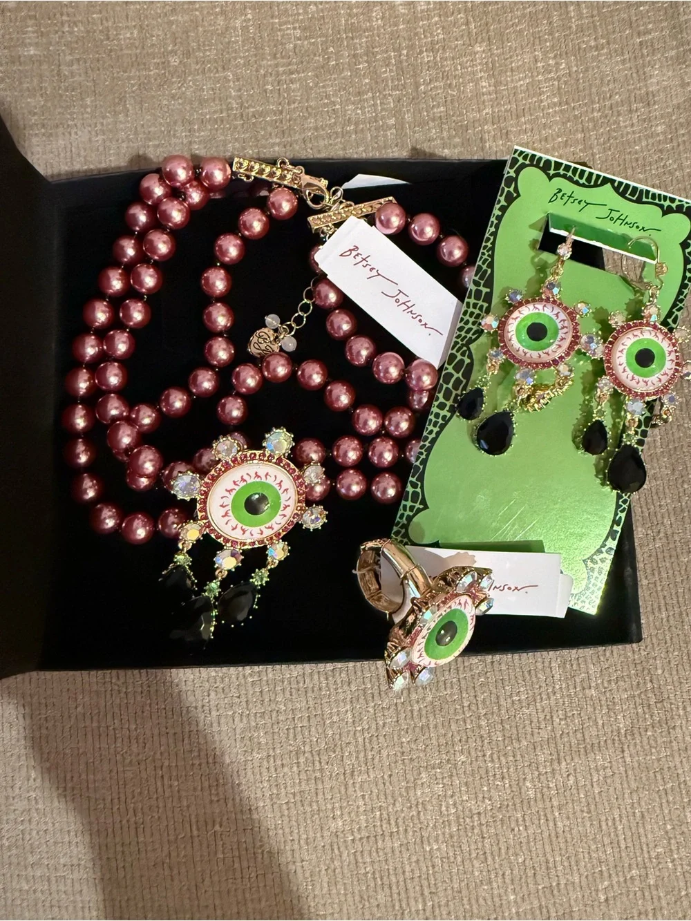 Betsey Johnson Pink pearl Halloween Necklace & Earring & expandable ring set